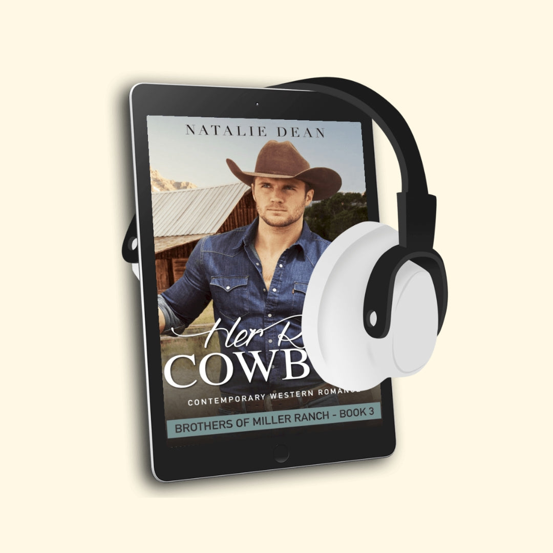 E-reader displaying Her Rival Cowboy, Brothers of Miller Ranch Book 3 audiobook cover; Handsome Cowboy with barn in background.