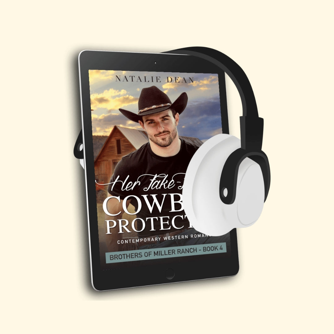Her Fake-Fiance Cowboy Protector Brothers of Miller Ranch Book 4 by Natalie Dean sweet contemporary western romance, audiobook cover.