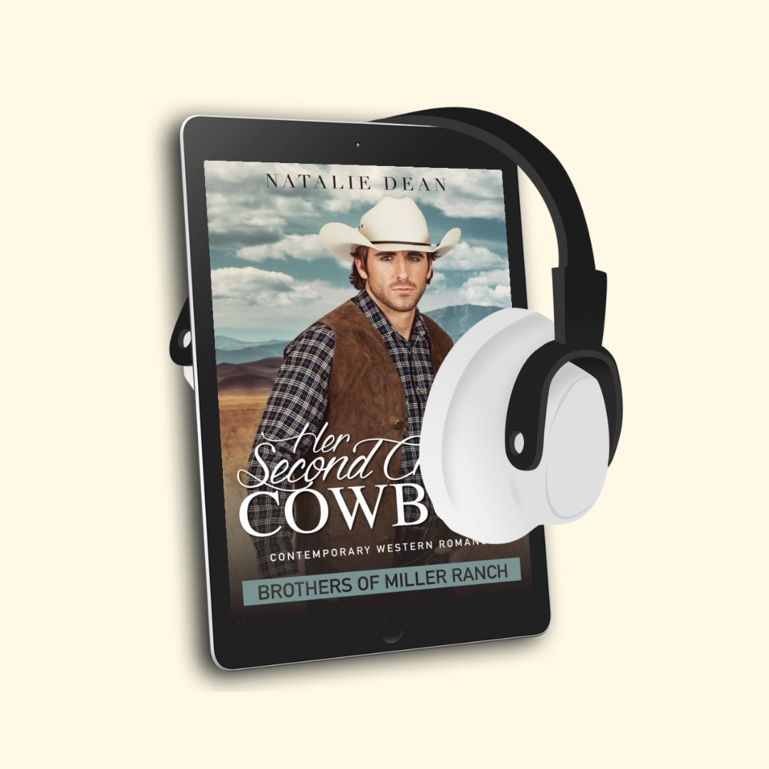E-reader with Her Second Chance Cowboy, Brothers of Miller Ranch Book 1, audiobook cover featuring a cowboy on a background with mountains.