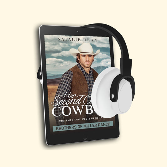 E-reader with Her Second Chance Cowboy, Brothers of Miller Ranch Book 1, audiobook cover featuring a cowboy on a background with mountains.