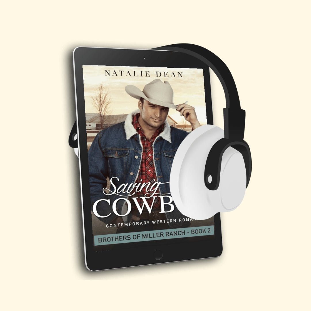 E-reader displaying Saving Her Cowboy, Brothers of Miller Ranch Book 2  audiobook cover with a cowboy theme.