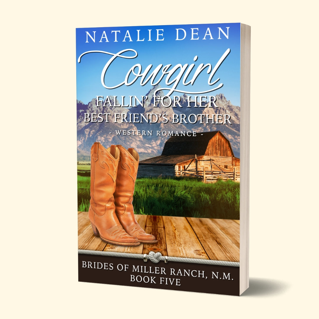 Paperback book mockup of Cowgirl Fallin' for Her Best Friend's Brother, Brides of Miller Ranch, N.M. Book 5, western romance by Natalie Dean; boots with a barn in the background