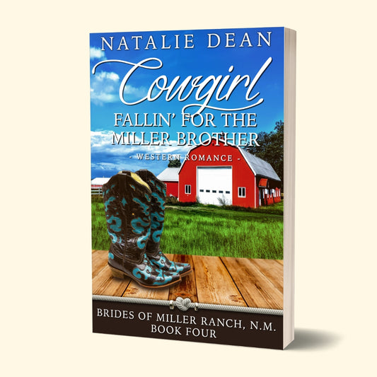 Paperback Book mockup of Cowgirl Fallin' for the Miller Brother, Brides of Miller Ranch, N.M. Book, western romance by Natalie Dean; pair of boots with a red barn in the background